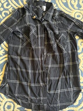 H&M Black Button-Down Shirt with White Windowpane Plaid
